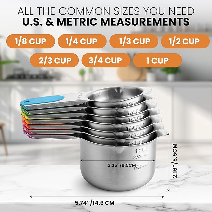 Spring Chef Magnetic Stainless Steel Measuring Cups, Patented, Kitchen Tools with Easy to Read Markings for Measuring Dry or Liquid Ingredients, Set of 7, Neon