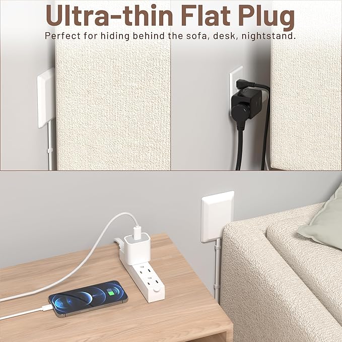 5FT Flat Extension Cord Ultra Thin Outlet Concealer with Cord Concealer Kit,Flat Outlet Extender with 3 Outlet Power Strip,Universal Size Flat Plug Power Strip for Home,ETL Listed,White