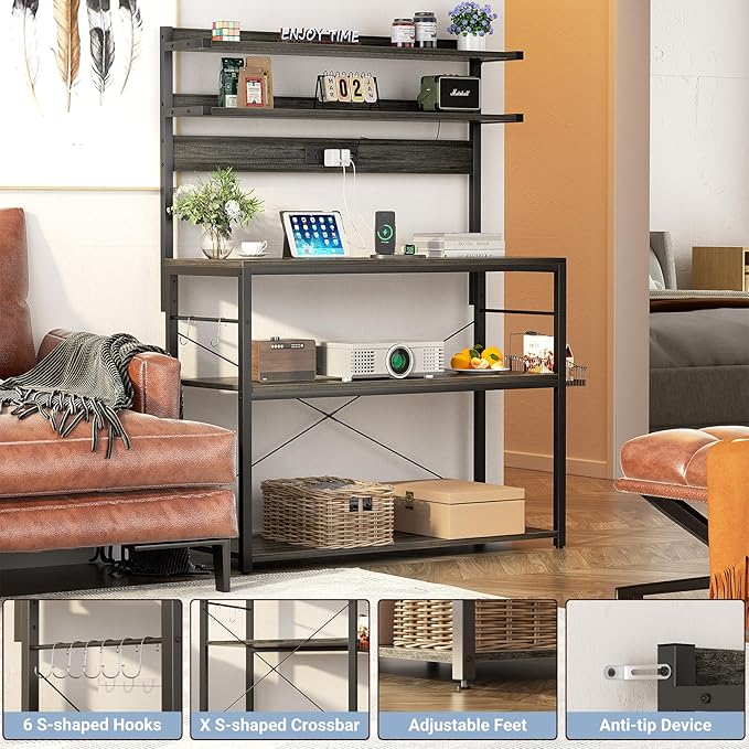 Aheaplus Bakers Rack with Power Outlet, Microwave Stand, 5 Tiers Coffee Bar Station with Led Lights, Kitchen Storage Shelf with 6 S-Shaped Hooks, Kitchen Rack Coffee Bar Stand, Grey Oak