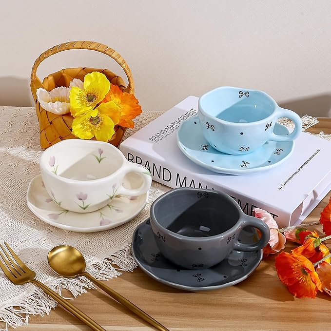 Koythin Ceramic Coffee Mug with Saucers, Handmade Flowers Mugs, Cute Cup for Girl Women, Aesthetic Tea Milk Cup with Handle, 8.5 oz/250 ml for Latte, Cocoa, Office, Home (Grey Small Bow)