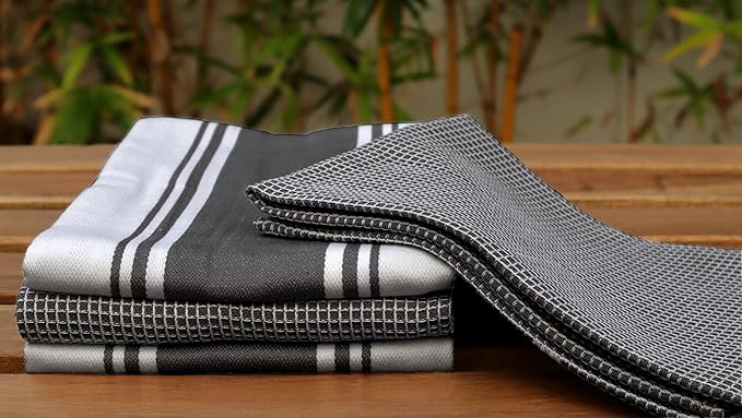 AMOUR INFINI Cotton Kitchen Towels - Set of 4 Highly Absorbent, Ultra Soft Waffle Weave Tea Towel with Hanging Loop - 20x28 Inch Quick Drying Dish Cloths for Cleaning (Black)