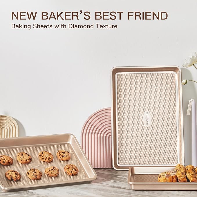 HONGBAKE Baking Sheet Pan Set of 3, Cookie Sheets for Oven, Nonstick Half/Quarter/Jelly Roll Pans with Diamond Texture Pattern, 0.8mm Thick Heavy Duty Cookie Tray, Champagne Gold