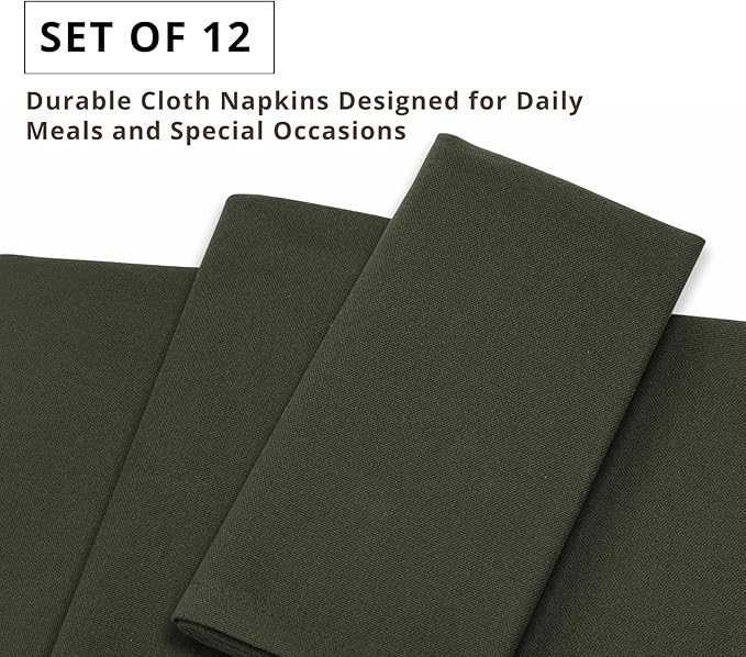 PurpleEssences Set of 12 Cloth Dinner Napkins 100% Cotton 18x18 Inch - Soft Durable Washable - Ideal for Farmhouse Party Christmas Holiday Winter - Perfect Everyday Use Table Linen - Olive Green
