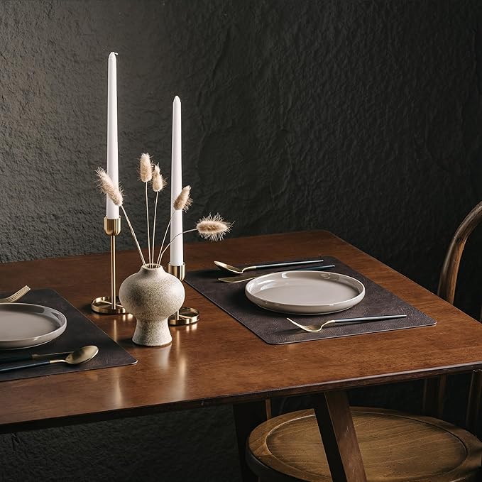 DOLOPL Placemats Set of 8 Reversible Dual-Color Table Placemats – Heat Resistant Wipeable & Brown Placemats, Luxury Faux Leather Table Mats for Vintage Dining Table Decor（Dark Brown & Black）