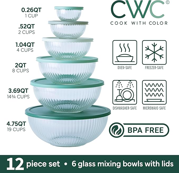 COOK WITH COLOR 12 Pc Glass Mixing Bowl Set with Lids – Borosilicate Glass Nesting Bowls for Cooking, Baking and Meal Prep, Fluted Sage