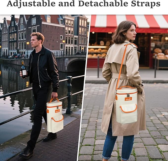 Tirrinia 2 Bottle Wine Gift Tote Carrier - Leakproof & Insulated with large pockets Wine Cooler Bag for Travel, Wine Tasting, Party, Dinner, Great Gift for Wine Lover,White Orange