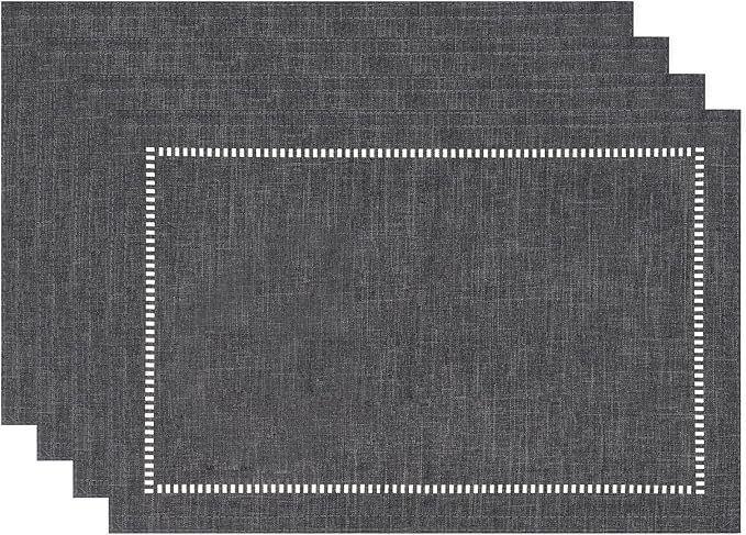 Tosewever Set of 4 Decorative Linen Placemats 12 x 18 Inches, Farmhouse Style Table Mats for Everyday Dining Wedding Party Holiday Home Decor (4 Pieces 12 x 18”, Grey/Straight)