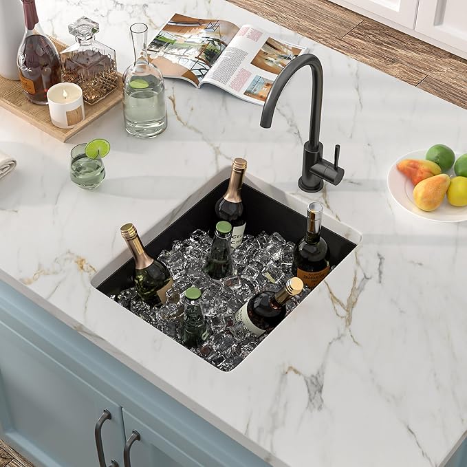 15"x18" Undermount Bar Prep Sink – Matte Black Granite Composite Quartz Classic Under Counter Single Bowl Sink Basin for Wet Bar, RV, Small Kitchen