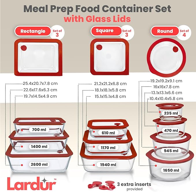 Glass Food Storage Containers with Glass Lids 3 Pack - Rectangle Meal Prep Food Container Set with Airtight Lids - Microwave & Dishwasher Safe 100% Plastic Free, Vented Gift Packaged, Red Color