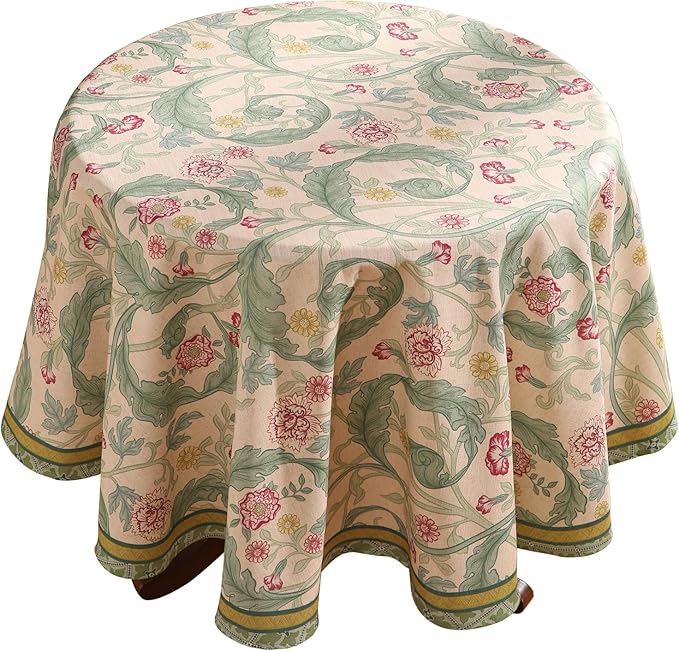 patdrea Designer Green Tablecloth for Round Tables,Vintage Linen with Leaves and Flowers Pattern Tablecloths,Farmhouse Floral Table Cover Cloth Decor for Kitchen Dining Christmas,Diameter 67"