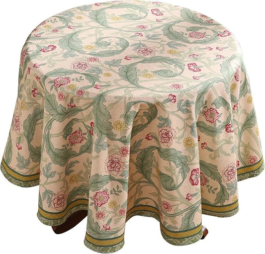 patdrea Designer Green Tablecloth for Round Tables,Vintage Linen with Leaves and Flowers Pattern Tablecloths,Farmhouse Floral Table Cover Cloth Decor for Kitchen Dining Christmas,Diameter 67"