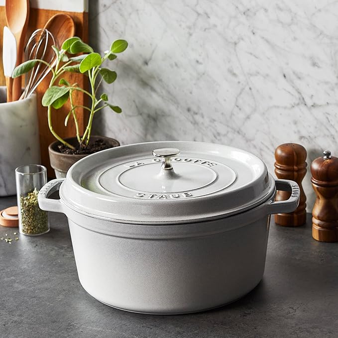 Staub Cast Iron 7-qt Round Cocotte - White Truffle, Made in France