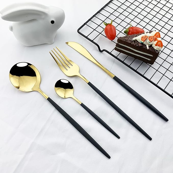 JASHII Flatware Serving Set 24 Piece, Stainless Steel Silverware Set, Titanium Black Gold Cutlery Set, Modern Elegant Tableware Set for Party, Christmas, Dinner (Black Gold)