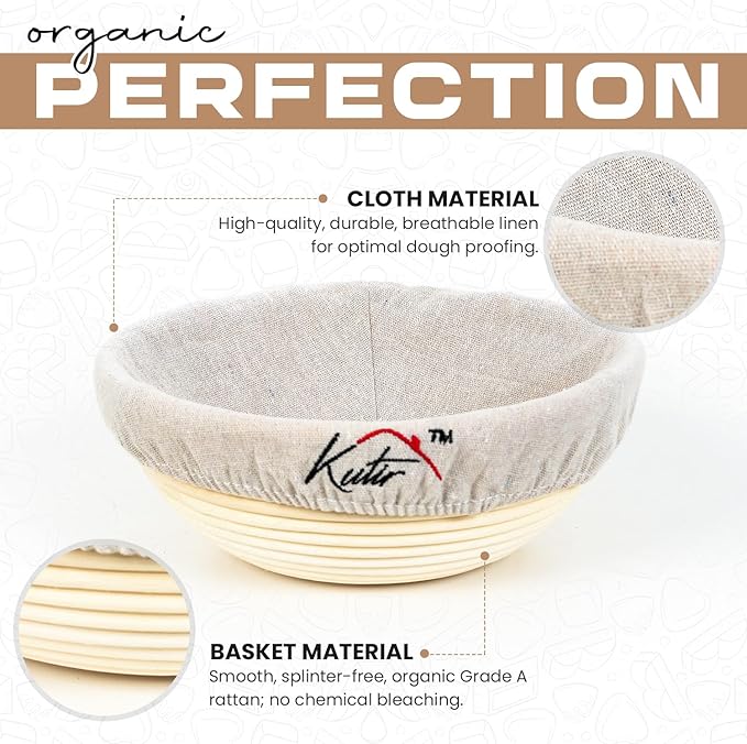 Banneton Bread Proofing Basket Set by Kutir - 9 Inch Round & 10 Inch Oval Sourdough Baskets with Linen Liner, Bread Lame, Dough Scraper - Baking Kit for Artisan Bread Making
