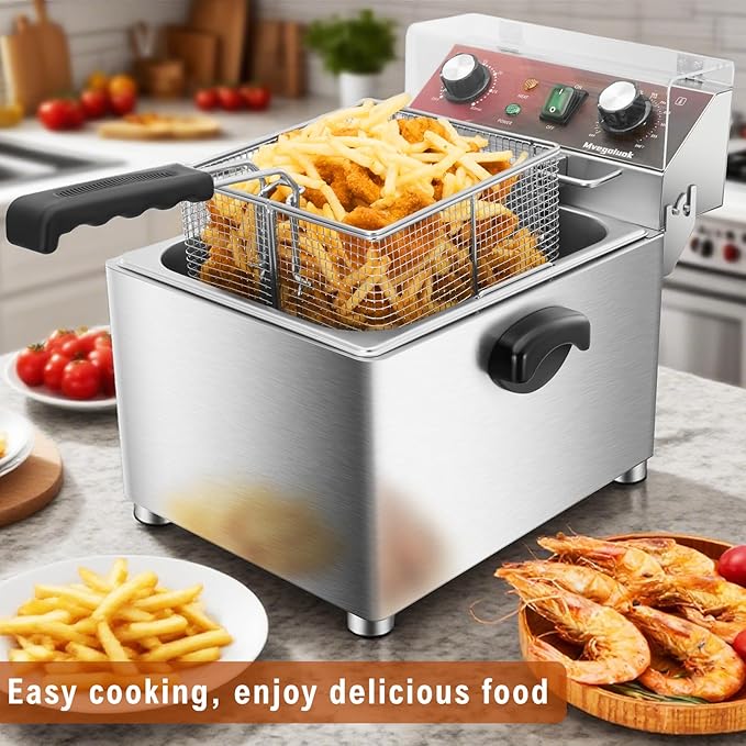 Mvegoiuok Electric Deep Fat Fryer With Basket and Lid 1800W Commercial Deep Fish Fryer With Oil Filtration for Home Use and Restaurant 12.7QT Stainless Steels Oil Fryer