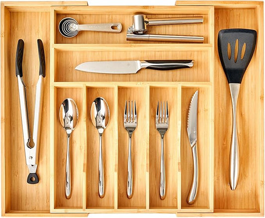Umilife Large Expandable Kitchen Silverware Utensils Drawer Organizer, 2.5" Extra High Adjustable Drawer Divider with Curved Grooves, Bamboo Wood Cutlery Tray Flatware Holder