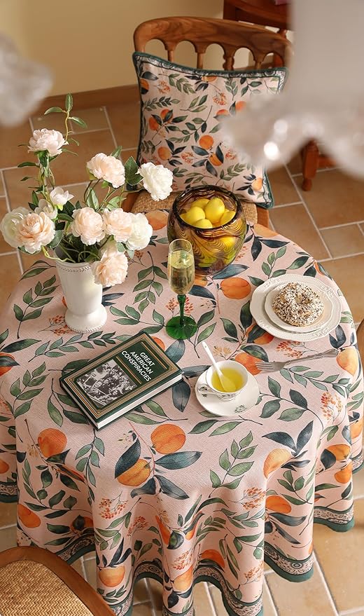 patdrea Designer Orange Tablecloth for Round Tables,Framhouse Linen Oranges and Leaves Tree Pattern Linen Tablecloth,Fall Fruit Table Cover Cloth Decor for Kitchen Dining Christmas,Diameter 67"