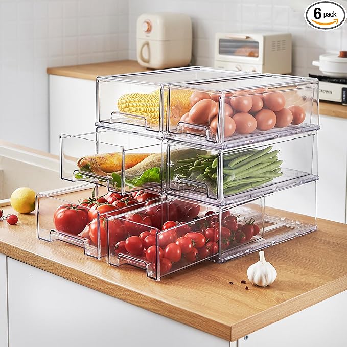 PeJeyiee 6 Pack Clear Stackable Refrigerator Organizers and Storage Drawers - Pull-Out Fridge Bins with Anti-Slip Base & Easy Clean, Plastic Organizers for Kitchen Pantry Cabinet Closet (Large)