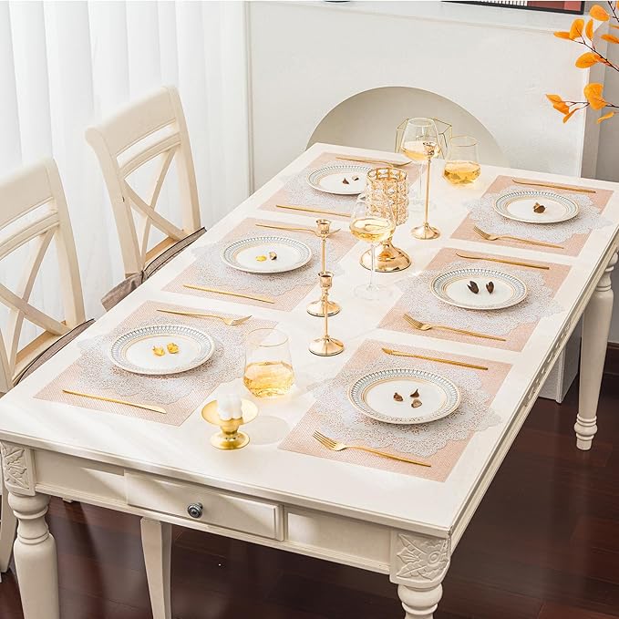 BACKTOEDEN Placemats Set of 6 Heat Resistant Washable Wipeable Placemat Woven Non-Slip Foldable Vinyl/Plastic Place Mats Indoor/Outdoor Mat Kitchen Dining Table Pad, White Snowflake & Pink