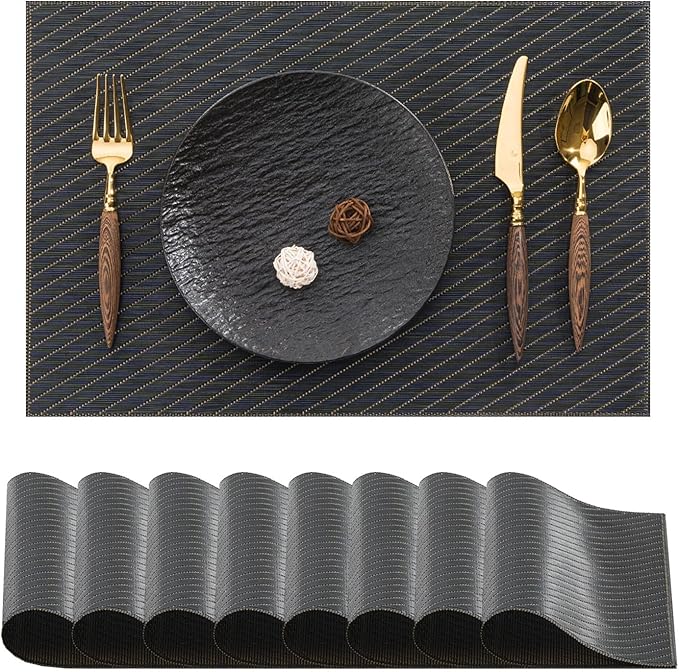 BACKTOEDEN Placemats Set of 8 Heat Resistant Washable Wipeable Placemat Woven Non-Slip Foldable Vinyl/Plastic Place Mats Indoor/Outdoor Mat Kitchen Dining Table Pad, Black Twill
