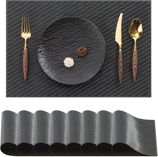 BACKTOEDEN Placemats Set of 8 Heat Resistant Washable Wipeable Placemat Woven Non-Slip Foldable Vinyl/Plastic Place Mats Indoor/Outdoor Mat Kitchen Dining Table Pad, Black Twill