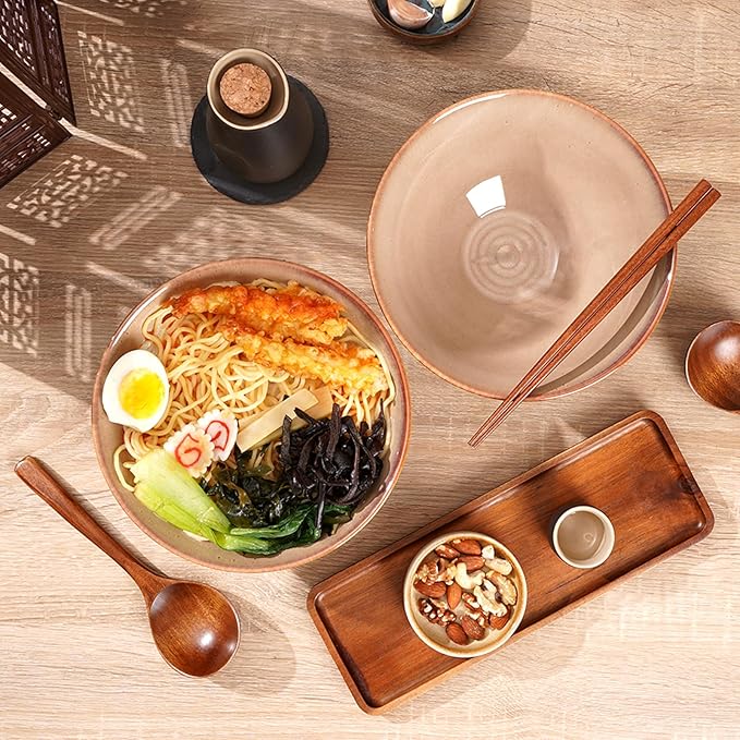 NUTRIUPS 8 Inch Ceramic Ramen Bowl Set of 2 Pho Bowls 40oz Japanese Noodle Udon Soup Bowls with Spoons and Chopsticks (Sunbaked Clay)