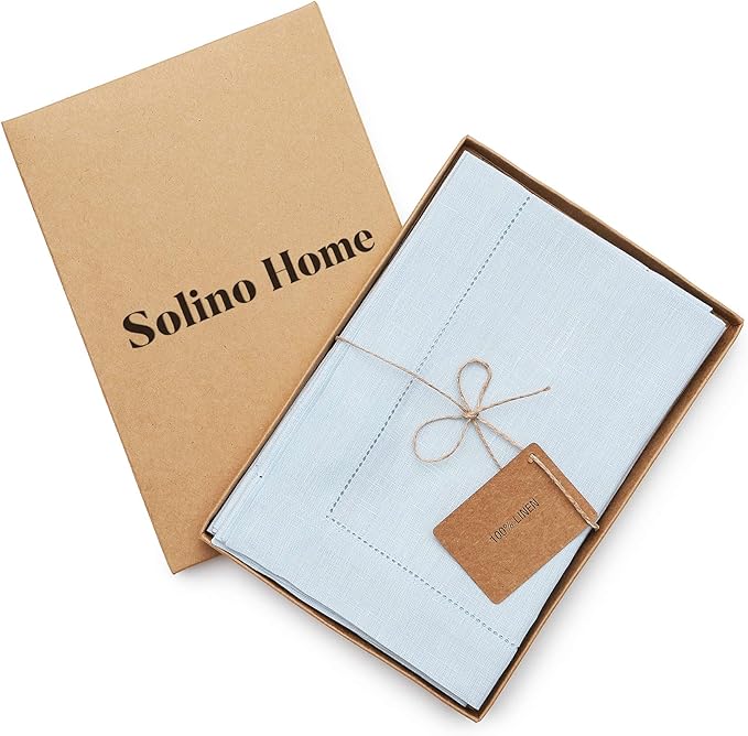 Solino Home Light Blue Linen Napkins Set of 4-100% Pure Linen Hemstitch Dinner Napkins 20 x 20 Inch for Christmas, Winter - Classic Hemstitch