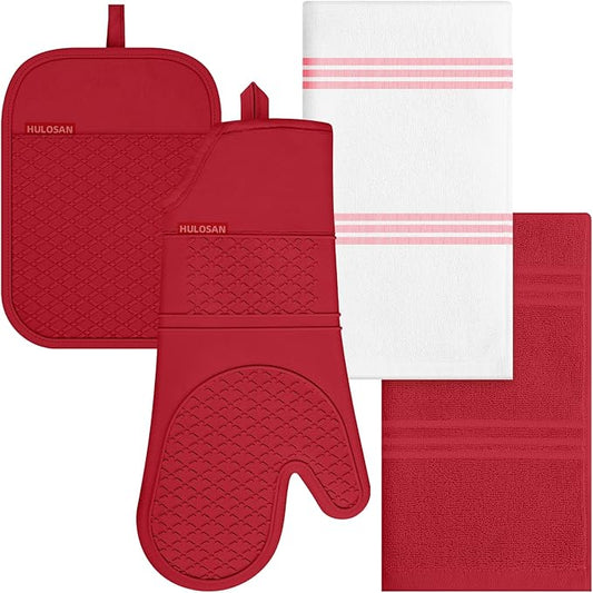 Oven Mitt and Pot Holders Sets, Quilted Cotton Terry Cloth,Non-Slip Pot Holder, Silicone Oven Mitt Heat Resistant, Oven Mittens 7.3"x14.2", Hot Pad 7"x10" & Dish Cloths 13"x25"