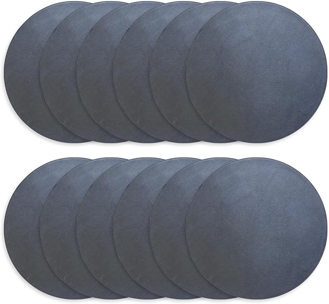 Morgan Faux Leather Set of 12 Placemats, 15" Round, Navy, Heat Resistant, Stain Resistant, Non-Slip, Reversible, Durable Table Mats for Kitchen, Dining Table, Indoor Washable Use