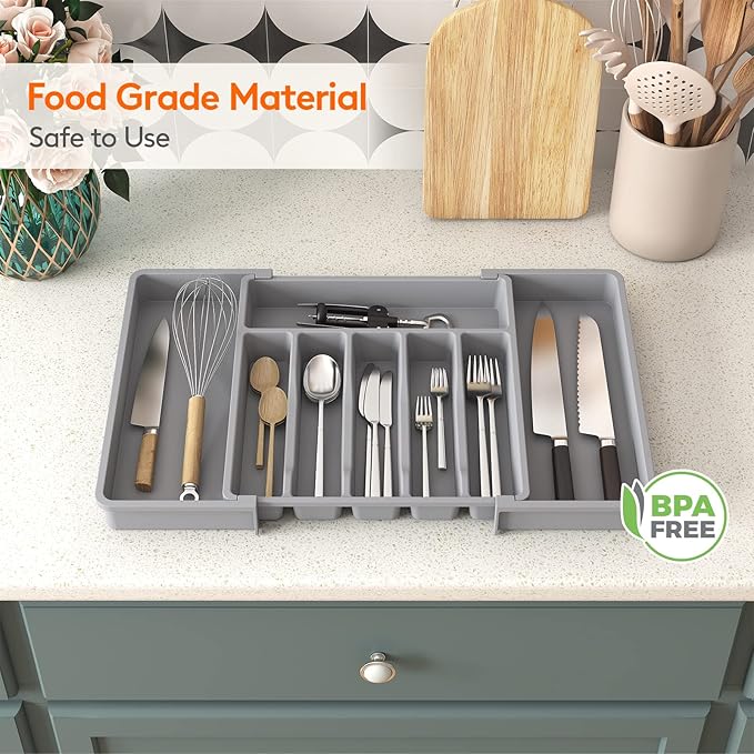 Lifewit Silverware Drawer Organizer, Expandable Utensil Tray for Kitchen, BPA Free Flatware and Cutlery Holder, Adjustable Plastic Storage for Spoons Forks Knives, Large, Grey