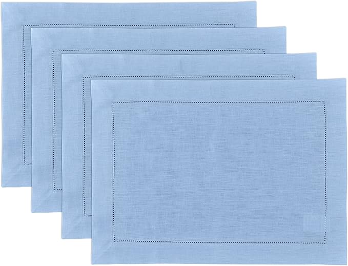 Solino Home Linen Cloth Placemats Set of 4-100% Pure Linen Hemstitch Cornflower Blue Placemats 14 x 19 Inch - Classic Hemstitch Table Place Mats for Christmas, Holiday