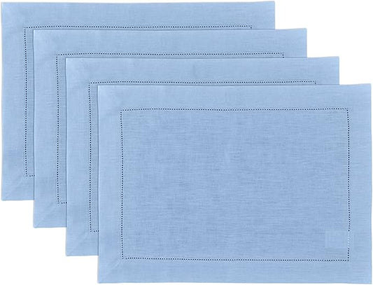 Solino Home Linen Cloth Placemats Set of 4-100% Pure Linen Hemstitch Cornflower Blue Placemats 14 x 19 Inch - Classic Hemstitch Table Place Mats for Christmas, Holiday