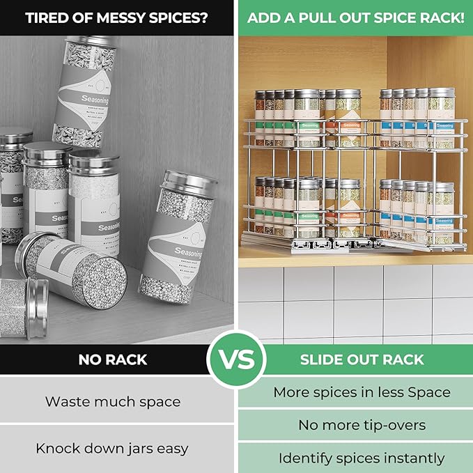 Pull Out Spice Rack Organizer for Cabinet, Slide Out Spice Racks, Easy to Install, 2.1''Wx10.35''Dx8.26''H, 3 Drawers 2 Tiers(Silver)