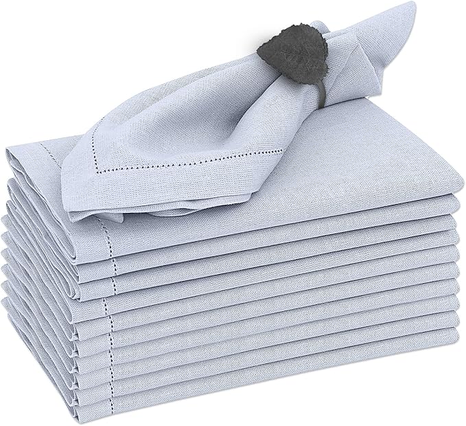 Ruvanti Premium Linen Napkins Set of 4-20x20 Inch, Classic Hemstitch, Mitered Corner Cloth Napkins‎‎ - Soft, Elegant Dinner Napkins Cloth Washable for Weddings, Parties, Everyday Use - Arctic Ice