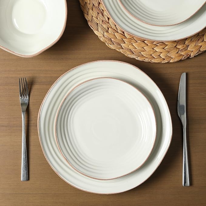Stone Lain Nami 12-Piece Dinnerware - Stoneware, Plates and Bowls Set, Microwave and Dishwasher Safe, Dish for 4, White