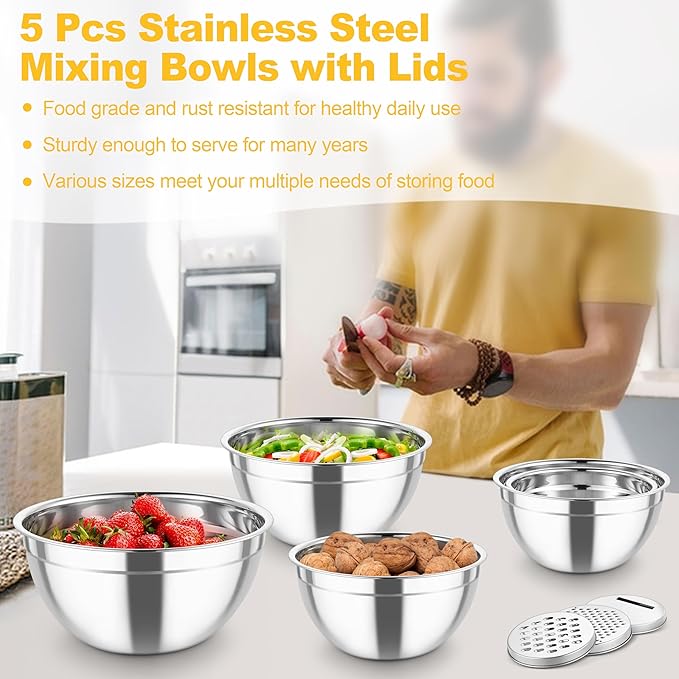 TeamFar Mixing Bowls, Stainless Steel Salad Serving Bowl with Clear Lids & 3 Graters, For Kitchen Cooking Prepping Storing, Size 4.6/2.6/1.5/1/0.7 QT, Nesting & Airtight, Set of 5 & Multicolor