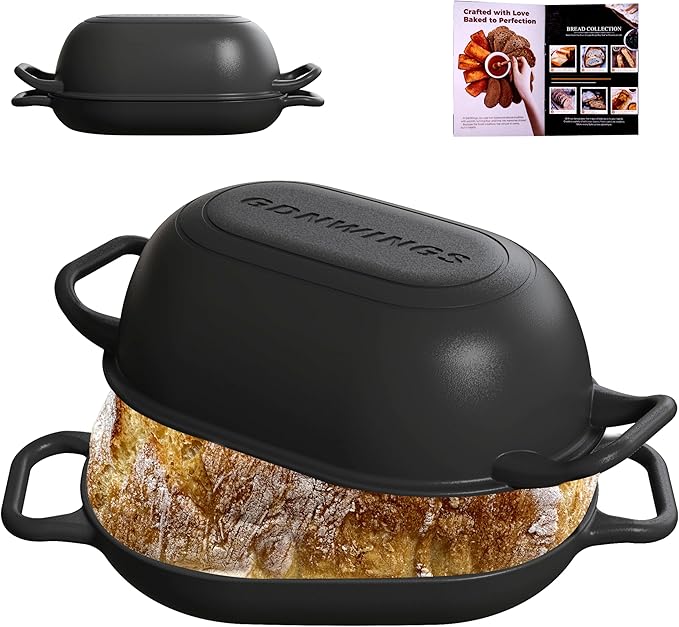 Oval Dutch Oven for Bread Baking 12 x 8 Inch, Pre-Seasoned Cast Iron Bread Oven for Sourdough, Dutch Oven Bread Loaf Pan for a Crispy Crust, 5QT