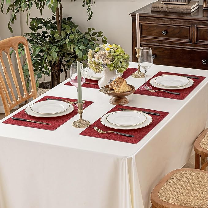 Romanstile Vinyl Placemats Set of 4-12 X 18 Inch - Heat Resistant Non-Slip Embossed Floral Place Mats 100% Waterproof Oilproof Wipeable Faux Leather Table Mats for Kitchen/Dining/Party, Red
