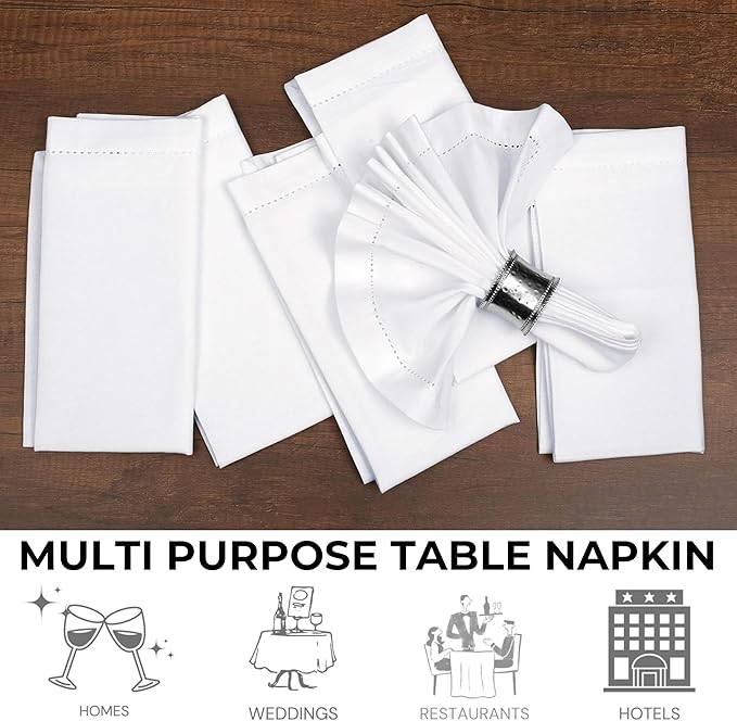 Bedding Craft Cotton Cloth Dinner Napkins Set of 12 – 18x18 White with Hemstitched Mitered Corners – Machine Washable Fabric Napkins for Weddings, Dinner Parties & Table Decorations