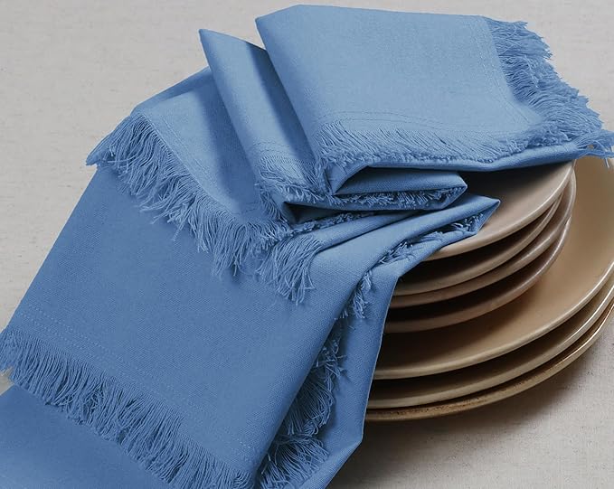 Bedding Craft Cotton Cloth Dinner Napkins Set of 12 – 18x18 Light Blue with Frayed Selvedge Edges – Machine Washable Fabric Napkins for Weddings, Baby Showers, Parties & Dining