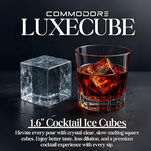 COMMODORE LUXECUBE Luxury Ice Maker – 115V AC Large Cocktail Ice Machine, Produces 9 Crystal Clear 1.5" Ice Cubes per Hour, Stores 18 Cubes, Built-in Quiet Operation, Self-Cleaning, ETL Listed