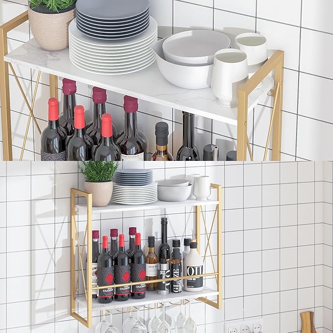 Dokser Wine Rack Wall Mounted 2 Tier Shelf, Wall Wine Rack with Industrial Iron & Rustic Wood Frame Wine Bottle Holder for Kitchen, Dining Room, Home Bar Decor (Gold)