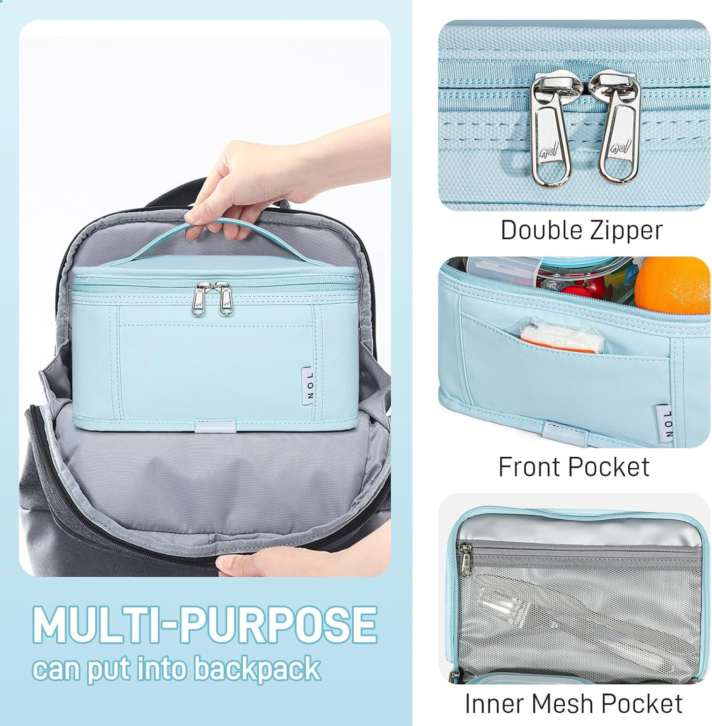 NOL Natural Organic Lifestyle Small Lunch Bag Mini Lunch Box Insulated Lunch Bag for Men/Women Leakproof Cooler Tote Bag Lightweight Nylon Waterproof Lunch Box For Work, Light blue