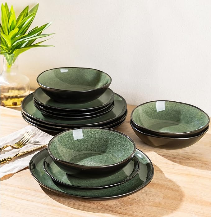 AmorArc Ceramic Dinnerware Sets,Handmade Reactive Glaze Stoneware Plates and Bowls Set,Highly Chip and Crack Resistant | Dishwasher & Microwave Safe Dishes Set,Service for 4 (12pc)