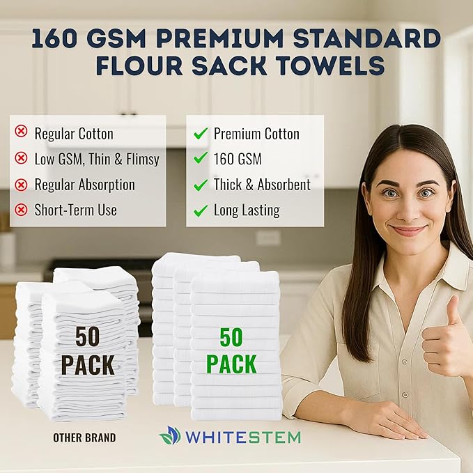 Flour Sack Kitchen Towels |Cotton Blank Towel | Tea Towel Crafting Embroidery | Thick Absorbent Quick Dry | Baking Bread Proofing Linen Cover White, 18"x28" - 50 Pack