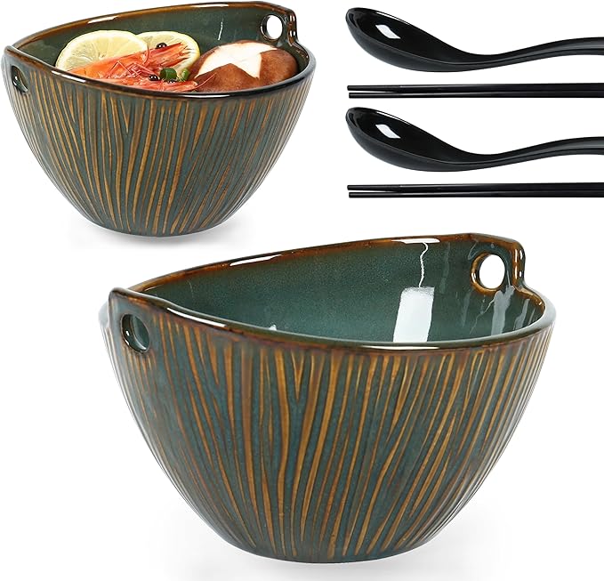 Ceramic Ramen Bowl with Chopsticks and Spoons Set, 6.7 Inch Noodle Bowl Set for Pho Udon Soba, Set of 2 (Ocean Blue)