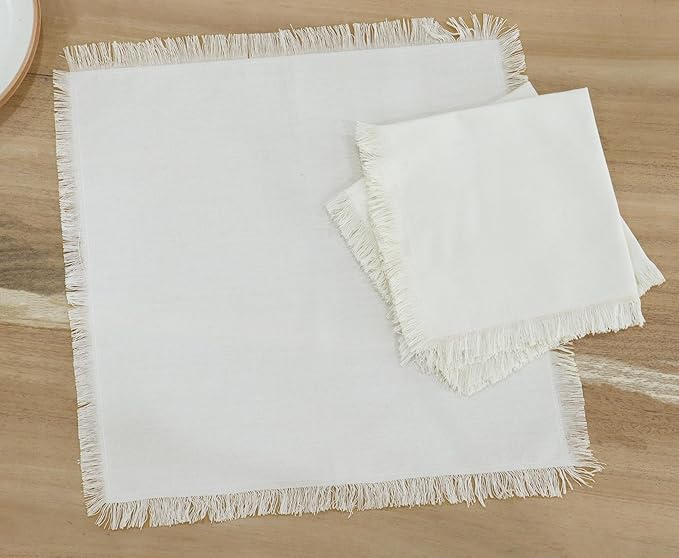 PurpleEssences Cloth Napkins with Fringes, 100% Cotton Christmas Holiday Winter Table Decor, Set of 6 18x18 Inch Reusable Dinner Napkins for Parties and Weddings - Beige