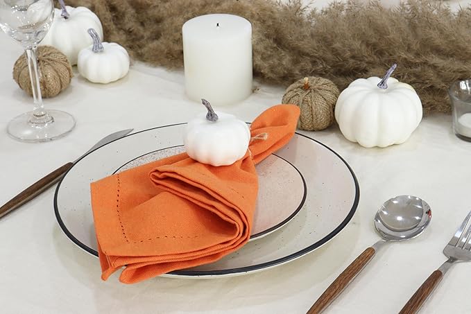 PurpleEssences Set of 12 Hemstitch Cloth Dinner Napkins 100% Cotton - Soft Durable Washable - Ideal for Wedding Christmas Holiday Winter - Perfect Everyday Use Table Linen 18x18 - Orange