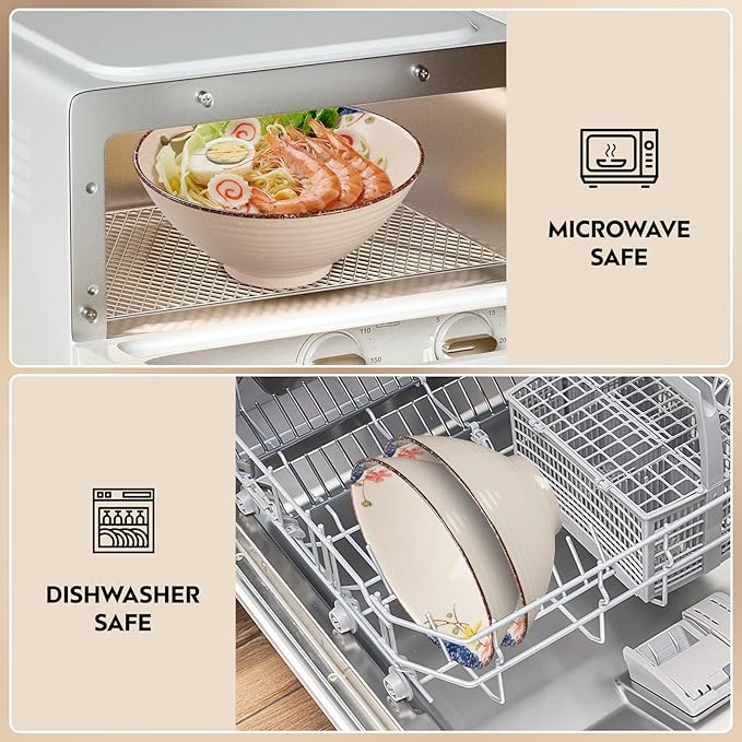 40 OZ ceramic ramen bowls, 8 IN large Japanese noodle soup bowl, match chopsticks and spoons, suitable for Pho, Udon Asian noodles (Colorful flowers)