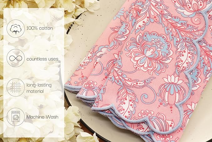PurpleEssences Scalloped Embroidery Kalamkari Cloth Napkins Christmas Holiday Winter Table Decor 100% Cotton Set of 4-18 x 18 inch - Blush Pink Edges Light Blue